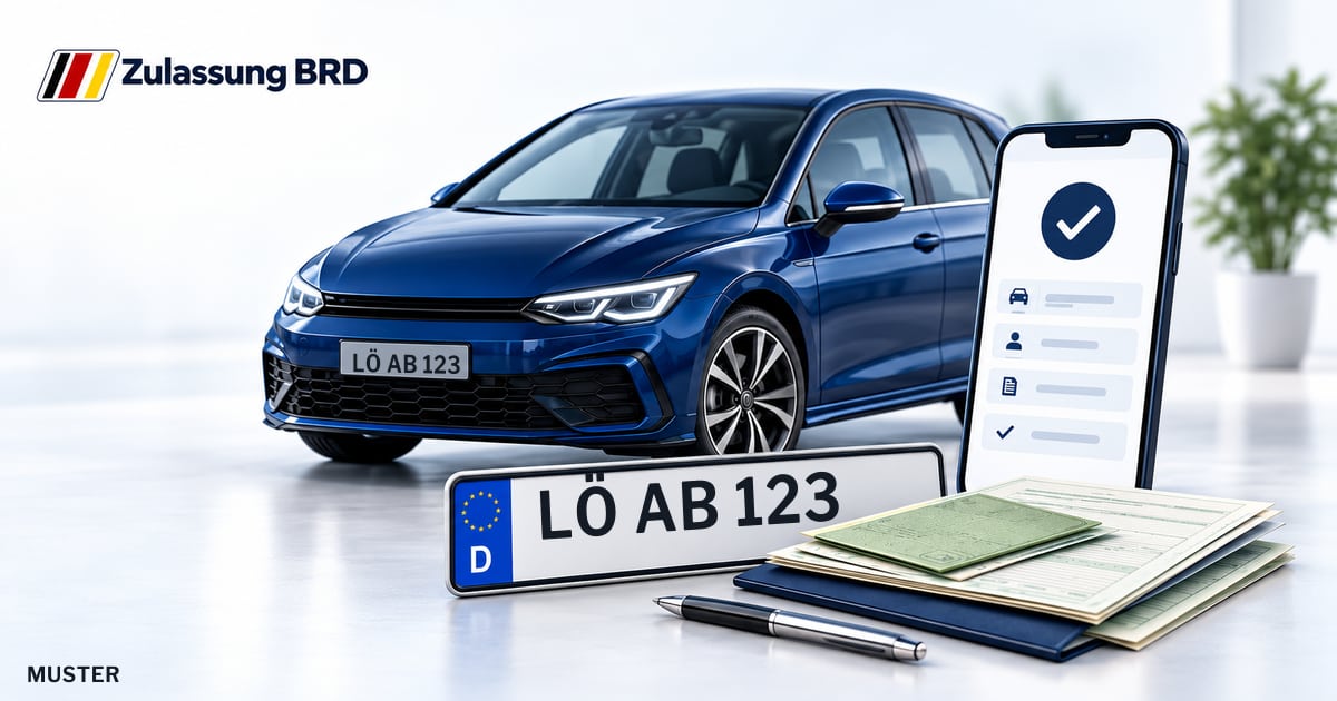 Online Fahrzeugzulassung in Grenzach-Wyhlen: Musterkennzeichen LÖ AB 123, Auto und Fahrzeugpapiere und Smartphone. Illustration mit Logo von Zulassung BRD.